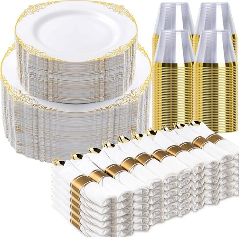 Bestluck 350PCS Gold Plastic Plates for 50 Guests, Disposable Dinnerware Sets Include 100 Gold Rim Plastic Plates, 50 Silverwares, 50 Cups, and 50 Pre Rolled Napkins for Party, Wedding, Graduation in Saudi Arabia