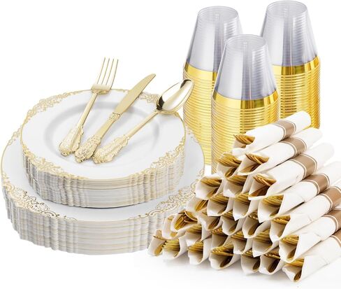 Bestluck 350PCS Gold Plastic Plates for 50 Guests, Disposable Dinnerware Sets Include 100 Gold Rim Plastic Plates, 50 Silverwares, 50 Cups, and 50 Pre Rolled Napkins for Party, Wedding, Graduation in Saudi Arabia
