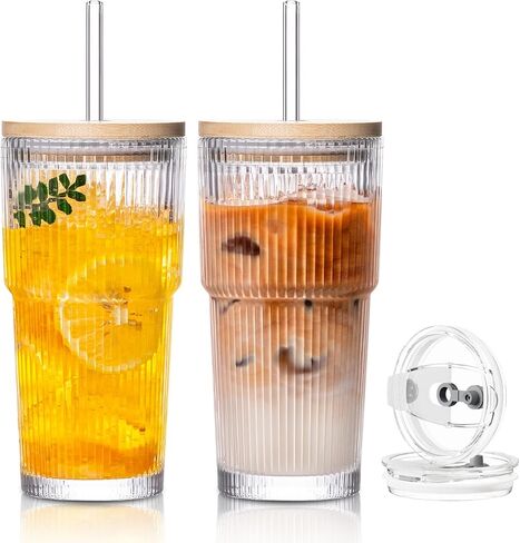 SoulTimes 20oz Glass Cups with Lids and Straws, Ribbed Glass Tumbler for Iced Coffee, Smoothie, Juice & Cold Drinks, Reusable Thick Glassware Set, Elegant Home & Travel Drinkware【2 Pack】 in Saudi Arabia