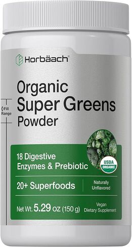Horbäach Organic Greens Powder | 5.29 oz Supplement | with 20+ Superfoods, 18 Digestive Enzymes, and Prebiotics | Relieves Occasional Gas, Discomfort & Bloating | Vegan, and Non-GMO in Saudi Arabia