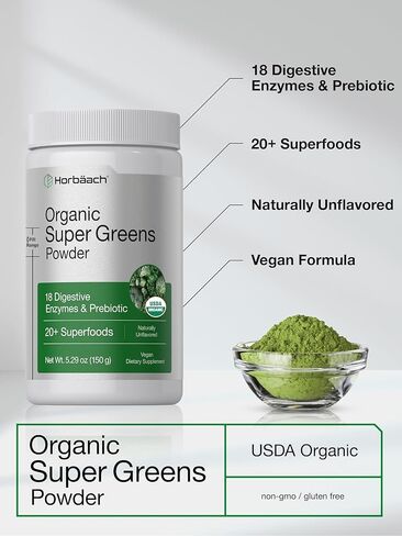 Horbäach Organic Greens Powder | 5.29 oz Supplement | with 20+ Superfoods, 18 Digestive Enzymes, and Prebiotics | Relieves Occasional Gas, Discomfort & Bloating | Vegan, and Non-GMO in Saudi Arabia
