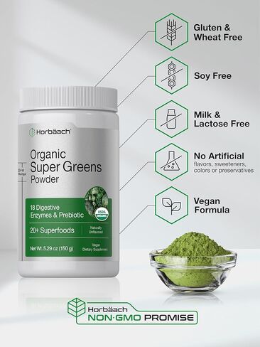 Horbäach Organic Greens Powder | 5.29 oz Supplement | with 20+ Superfoods, 18 Digestive Enzymes, and Prebiotics | Relieves Occasional Gas, Discomfort & Bloating | Vegan, and Non-GMO in Saudi Arabia