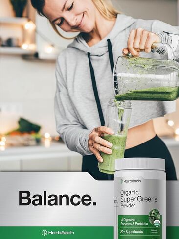 Horbäach Organic Greens Powder | 5.29 oz Supplement | with 20+ Superfoods, 18 Digestive Enzymes, and Prebiotics | Relieves Occasional Gas, Discomfort & Bloating | Vegan, and Non-GMO in Saudi Arabia