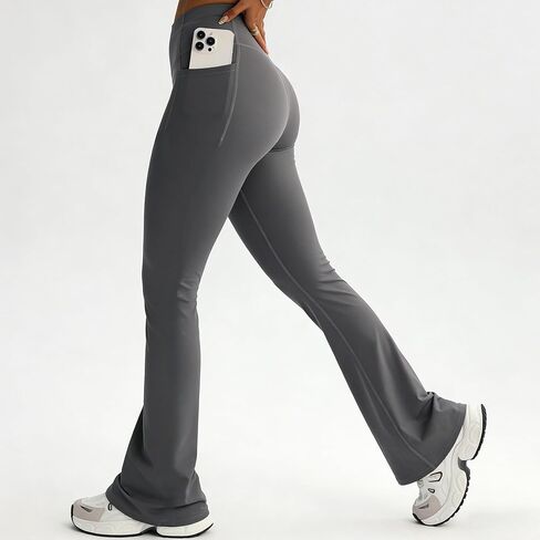 Women's High Waisted Flare Bell Bottom Yoga Leggings with Pocket, Soft Stretchy Full Length Capri Gym Pants in Saudi Arabia