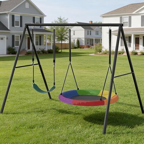 SYESWAY 440lbs Swing Frame Set with Stand–Saucer Swing, Belt Swing & Baby Swing, Heavy Duty Metal Swing Set with Adjustable Height for Backyard, Outdoor Playground Equipment for Kids in Kuwait