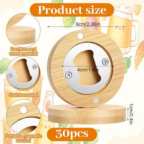 30 Pcs Bamboo Bottle Opener Set, Bulk Wooden Magnetic Bottle Opener with Strong Fridge Magnet - 2.36" Round DIY Blanks for Home Bar, Kitchen, Parties & Wedding Guest Gifts in Saudi Arabia