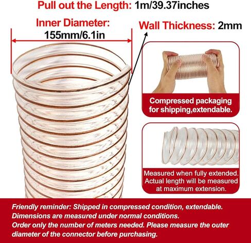 PU Polyurethane Pipe Transparent Ducting Wind Hose Length 1M Inner Diameter 155MM Air Duct for Suction or Delivery of Crushed Materials,Wall Thickness 2mm in Saudi Arabia