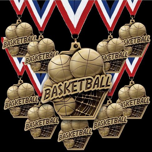 Crown Awards Gold Basketball Award Medal Value Pack with Red, White, & Blue Neck Ribbons - 2.25" Zinc Alloy Diecast Basketball Medals for Sports Teams, Leagues, & Competitions in Saudi Arabia