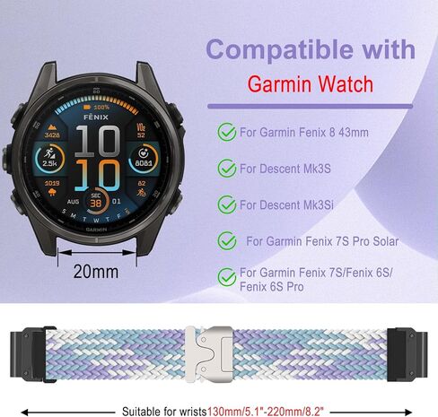 أربطة من النايلون لـ Garmin Fenix ​​8 43 مم/Descent Mk3S/Descent Mk3Si/Garmin Fenix ​​7S Pro Solar/Fenix7S، حزام رياضي من النايلون QuickFit 20 مم لـ Fenix6S/6S Pro مجدول قابل للتمدد in Kuwait