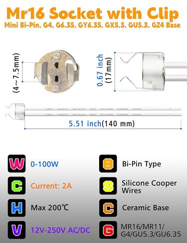 مقبس MR16 GU5.3 مع مشبك/قوس، مقبس إضاءة MR11 G4، GU6.35، GY6.35، GX5.3، GU4 GZ4، محول مقبس قاعدة موصل سلك سيراميك صغير ثنائي الدبوس لمصابيح الهالوجين/LED MR16، 6 عبوات in Kuwait