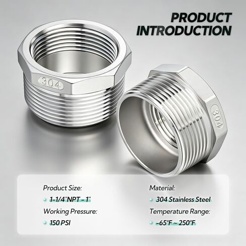 2PCS 304 Stainless Steel Reducer Hex Bushing, 1-1/4" NPT male x 1" NPT Female, Reducing Pipe Adapter Fitting in Saudi Arabia
