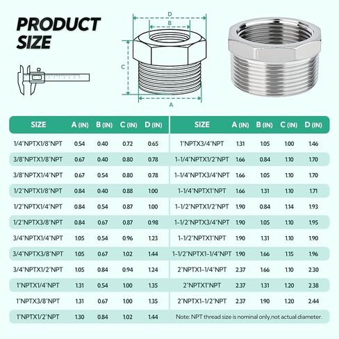 2PCS 304 Stainless Steel Reducer Hex Bushing, 1-1/4" NPT male x 1" NPT Female, Reducing Pipe Adapter Fitting in Saudi Arabia