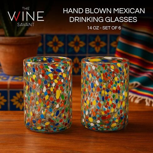 Hand Blown Mexican Drinking Glasses – 14 oz - Set of 6 - Confetti Rock Tumbler Glasses, Confetti Carmen Design Glasses, Fiesta Mexican Design Cinco De Mayo, Festive in Kuwait
