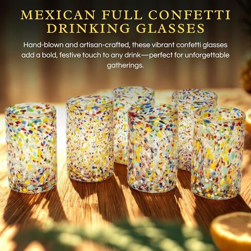 Hand Blown Mexican Drinking Glasses – 14 oz - Set of 6 - Confetti Rock Tumbler Glasses, Confetti Carmen Design Glasses, Fiesta Mexican Design Cinco De Mayo, Festive in Kuwait