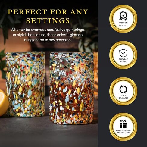 Hand Blown Mexican Drinking Glasses – 14 oz - Set of 6 - Confetti Rock Tumbler Glasses, Confetti Carmen Design Glasses, Fiesta Mexican Design Cinco De Mayo, Festive in Kuwait