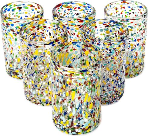 Hand Blown Mexican Drinking Glasses – 14 oz - Set of 6 - Confetti Rock Tumbler Glasses, Confetti Carmen Design Glasses, Fiesta Mexican Design Cinco De Mayo, Festive in Kuwait