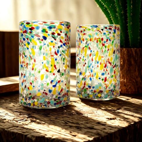 Hand Blown Mexican Drinking Glasses – 14 oz - Set of 6 - Confetti Rock Tumbler Glasses, Confetti Carmen Design Glasses, Fiesta Mexican Design Cinco De Mayo, Festive in Kuwait