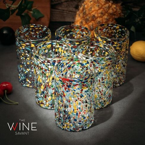 Hand Blown Mexican Drinking Glasses – 14 oz - Set of 6 - Confetti Rock Tumbler Glasses, Confetti Carmen Design Glasses, Fiesta Mexican Design Cinco De Mayo, Festive in Kuwait