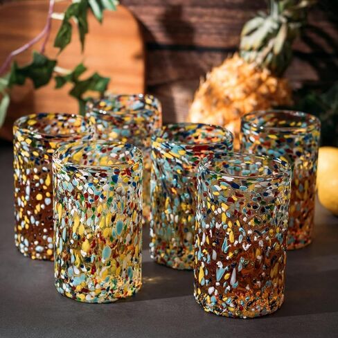 Hand Blown Mexican Drinking Glasses – 14 oz - Set of 6 - Confetti Rock Tumbler Glasses, Confetti Carmen Design Glasses, Fiesta Mexican Design Cinco De Mayo, Festive in Kuwait