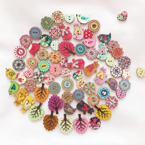 100Pcs Wooden Buttons Mixed Vintage Wood Buttons with 2 Holes,Pastel Cartoon DIY Sewing Craft Decorative for Shirt Cardigan DIY Crafts Scrapbooking,Cloth Decorations (Colorful) in Saudi Arabia