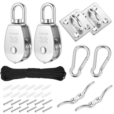 Mornajina 2 Sets M25 Cable Pulley System for Lifting Hanging, Including Heavy Duty Stainless Steel Single Pulley Block with 66FT Nylon Rope, Snap Hooks, Eye Pad Plate, Rope Cleat Hook, Loading 330lb in Saudi Arabia