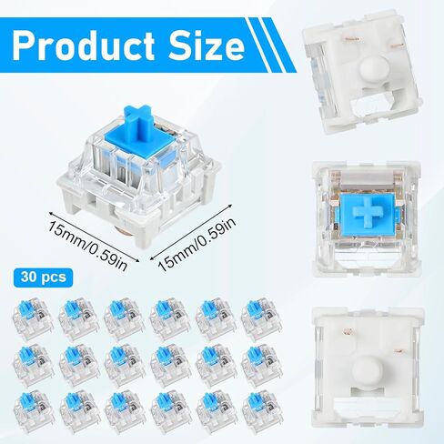 30 PCS Blue Switches Replacement, 3 Pin Pre-Lubricated Key Switches Clicky Tactile Accurate Typing Dustproof Keyboard Accessories for 3D Prints Mechanical Gaming Keyboards in Kuwait