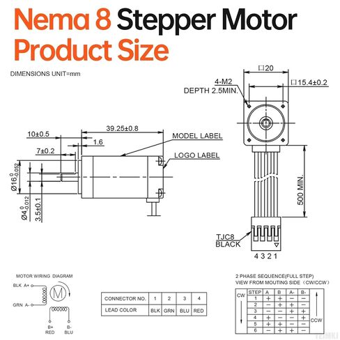 Nema 8 Stepper Motor 2 Phase 1.8‌°‌ 2.8Ncm(3.97oz·in) عزم دوران عالي ثنائي القطب 40 مم 11Ω 0.5A 4-عمود الرصاص 10 مم φ4 مم 20 كابل محرك متدرج صغير 0.5 متر للطابعة ثلاثية الأبعاد DIY Robot CNC Machine in Kuwait