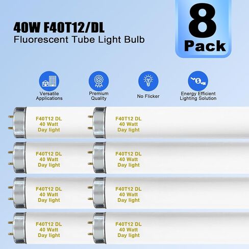 amgolibi 8-حزمة 48 بوصة F40T12 / DL 40W 6500K مصابيح إضاءة فلورية ضوء النهار، 4ft T12 أضواء أنبوبية خطية، 2650 لومن، قاعدة G13 ثنائية الدبوس، ضوء النهار، لورشة العمل، المرآب، المكتب in Kuwait