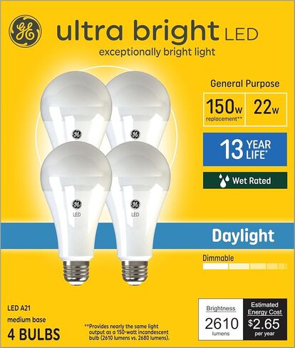 GE Ultra Bright 150-Watt EQ A21 Daylight Medium Base (E-26) لمبة إضاءة LED قابلة للتعتيم (4 عبوات) in Saudi Arabia