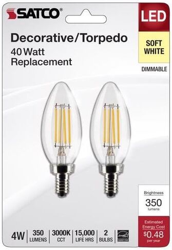 لمبة LED ساتكو S21820 4 وات B11، شفافة، قاعدة شمعدان، 3000 ك، 350 لومن، 120 فولت، عبوتان in Saudi Arabia