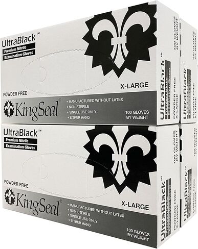 قفازات KingSeal UltraBlack X-LARGE من النتريل من الدرجة الطبية، سوداء، خالية من البودرة، 4 مل - 4 صناديق تحتوي على 100 قفازات بالوزن (400 قطعة) in Kuwait