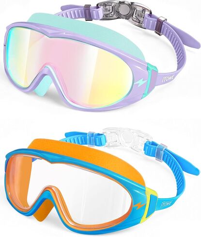 2 Pack Wide View Swimming Goggles, No Leaking Kids Swim Goggles with Anti-Fog/UV HD View Kids Goggles Boys Girls 3-15 in Saudi Arabia