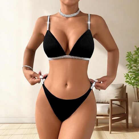 Women’s Black Bikini Set - 2 Pieces Ribbed Swimsuit with Triangle Top, Sparkly Strap Detail and High Cut Bottom in Saudi Arabia