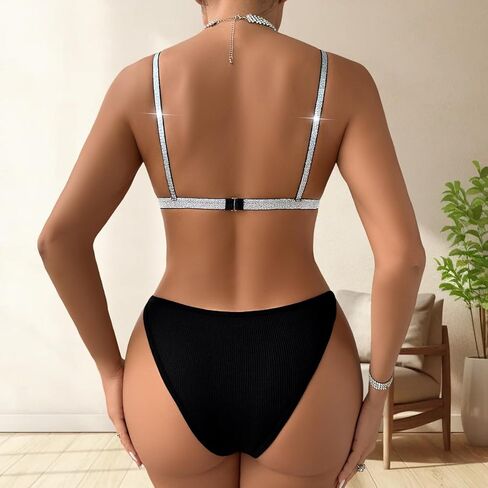 Women’s Black Bikini Set - 2 Pieces Ribbed Swimsuit with Triangle Top, Sparkly Strap Detail and High Cut Bottom in Saudi Arabia