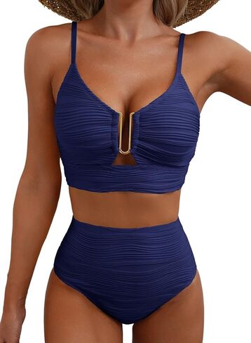 Women's High Waisted Bikini Set SummerTwo Piece Textured Swimsuit with U-Front Hardware Accent for Holiday Pool Beach in Saudi Arabia