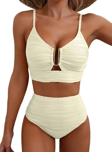 Women's High Waisted Bikini Set SummerTwo Piece Textured Swimsuit with U-Front Hardware Accent for Holiday Pool Beach in Saudi Arabia