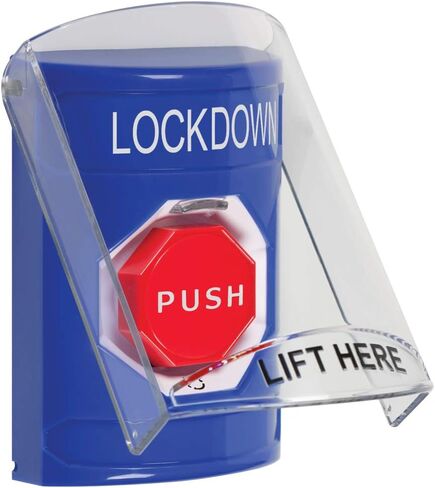 Safety Technology International, Inc. SS2429LD-EN Stopper® Station Push Button with Stopper® Station Shield, Turn-to-Reset, Blue, Lockdown Label in Saudi Arabia
