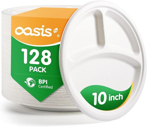 𝟭𝟬 𝗶𝗻𝗰𝗵, 𝟭𝟮𝟴-𝗣𝗮𝗰𝗸 3-Compartment Disposable Paper Plates, Compostable Heavy-Duty Divided Plates for Meal Prep, School Lunches & Party Buffets (White) in Saudi Arabia