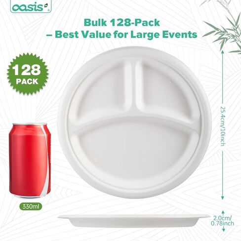 𝟭𝟬 𝗶𝗻𝗰𝗵, 𝟭𝟮𝟴-𝗣𝗮𝗰𝗸 3-Compartment Disposable Paper Plates, Compostable Heavy-Duty Divided Plates for Meal Prep, School Lunches & Party Buffets (White) in Saudi Arabia