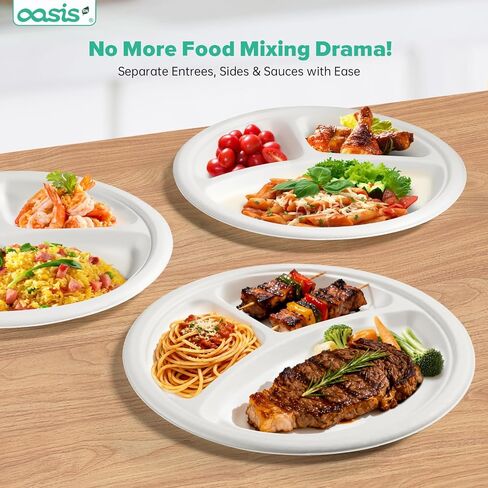 𝟭𝟬 𝗶𝗻𝗰𝗵, 𝟭𝟮𝟴-𝗣𝗮𝗰𝗸 3-Compartment Disposable Paper Plates, Compostable Heavy-Duty Divided Plates for Meal Prep, School Lunches & Party Buffets (White) in Saudi Arabia