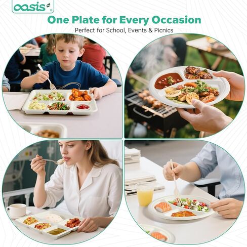 𝟭𝟬 𝗶𝗻𝗰𝗵, 𝟭𝟮𝟴-𝗣𝗮𝗰𝗸 3-Compartment Disposable Paper Plates, Compostable Heavy-Duty Divided Plates for Meal Prep, School Lunches & Party Buffets (White) in Saudi Arabia