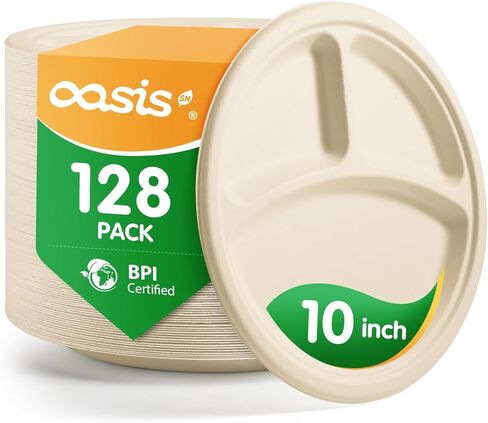 𝟭𝟬 𝗶𝗻𝗰𝗵, 𝟭𝟮𝟴-𝗣𝗮𝗰𝗸 3-Compartment Disposable Paper Plates, Compostable Heavy-Duty Divided Plates for Meal Prep, School Lunches & Party Buffets (White) in Saudi Arabia