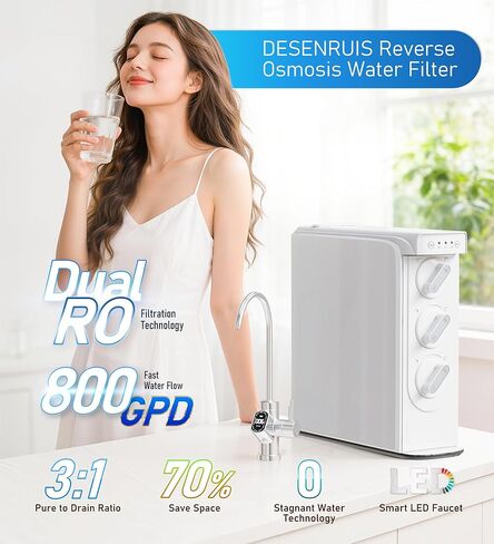 نظام التناضح العكسي DESENRUIS، فلتر مياه RO مزدوج، تدفق سريع 800 GPD، 3:1 نقي للتصريف، نظام RO بدون خزان تحت الحوض، تقليل PFAS وTDS، صنبور LED ذكي in Saudi Arabia