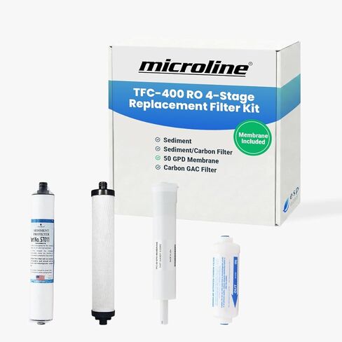 طقم مرشح التناضح العكسي البديل Microline TFC-400 الأصلي - مجموعة صيانة نظام RO على 4 مراحل مع الرواسب والكربون وغشاء RO ومرشحات ما بعد - تتضمن S7011، S7028، S1229RS، S7206W-JG in Kuwait