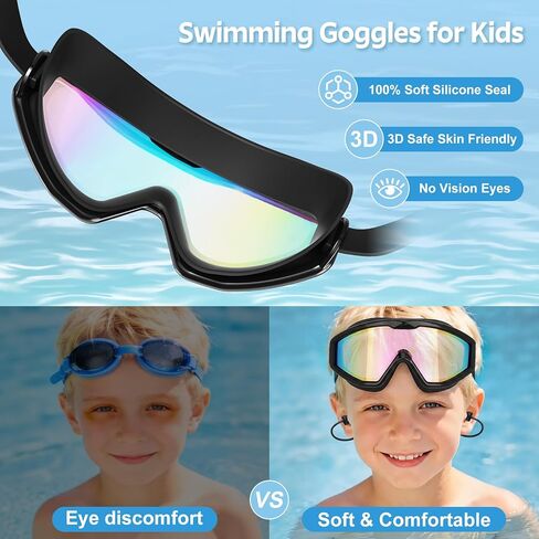 Kids Swim Goggles Wide View Anti-Fog UV Protection No Leak with Earplugs | Nose Clip, Swimming Goggles for Kids, Children Swim Mask, Boys Girls Teens, Pool Beach Essentials, Beach Must Have in Kuwait