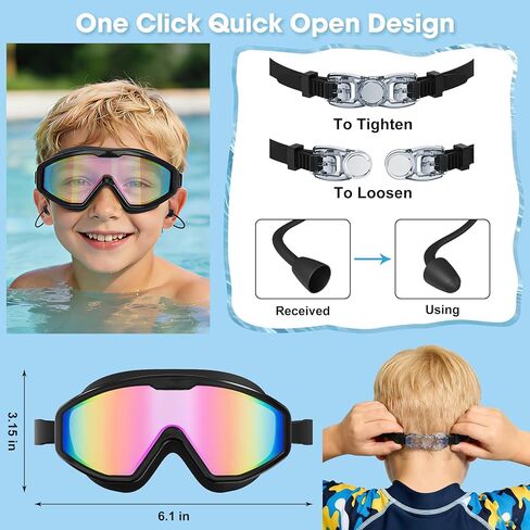 Kids Swim Goggles Wide View Anti-Fog UV Protection No Leak with Earplugs | Nose Clip, Swimming Goggles for Kids, Children Swim Mask, Boys Girls Teens, Pool Beach Essentials, Beach Must Have in Kuwait