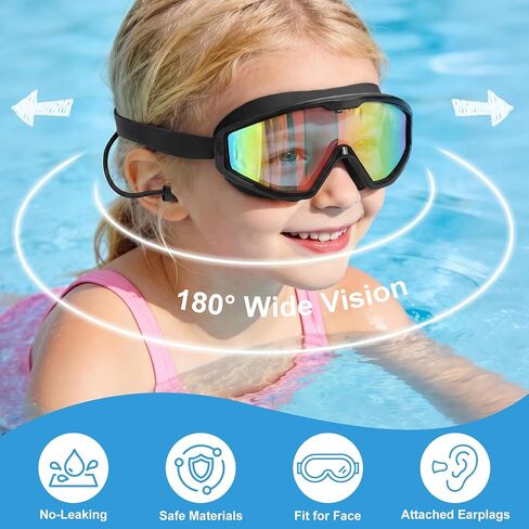 Kids Swim Goggles Wide View Anti-Fog UV Protection No Leak with Earplugs | Nose Clip, Swimming Goggles for Kids, Children Swim Mask, Boys Girls Teens, Pool Beach Essentials, Beach Must Have in Kuwait