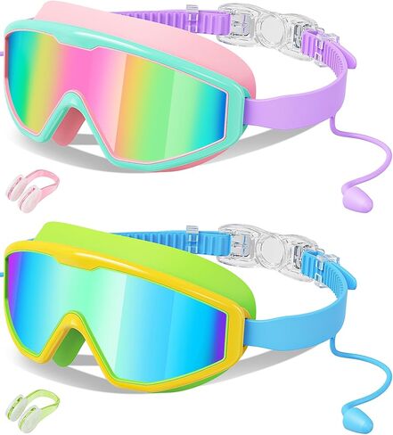 Kids Swim Goggles Wide View Anti-Fog UV Protection No Leak with Earplugs | Nose Clip, Swimming Goggles for Kids, Children Swim Mask, Boys Girls Teens, Pool Beach Essentials, Beach Must Have in Kuwait