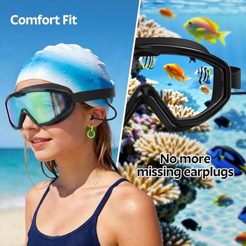 Kids Swim Goggles Wide View Anti-Fog UV Protection No Leak with Earplugs | Nose Clip, Swimming Goggles for Kids, Children Swim Mask, Boys Girls Teens, Pool Beach Essentials, Beach Must Have in Kuwait