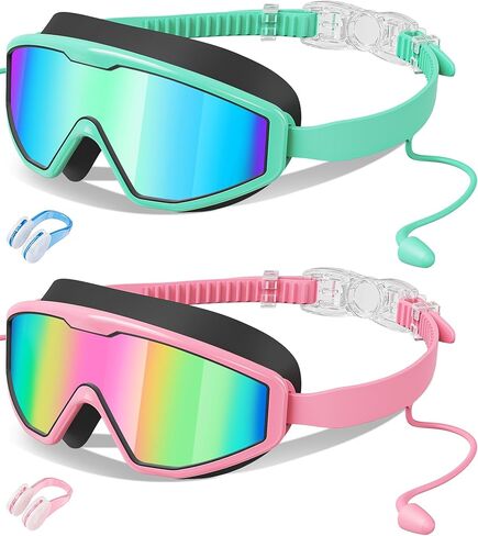 Kids Swim Goggles Wide View Anti-Fog UV Protection No Leak with Earplugs | Nose Clip, Swimming Goggles for Kids, Children Swim Mask, Boys Girls Teens, Pool Beach Essentials, Beach Must Have in Kuwait
